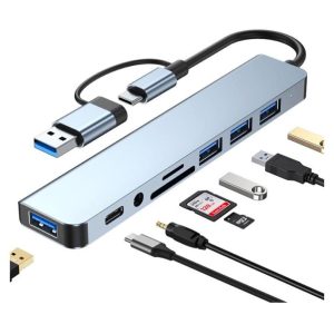 DW 8 In 1 Usb3.0&Usb-C To Usb3.0&Usb2.0 Hub&Usb-C&Tf/Sd & Audio -BYL2218TU Gaming Adapter Compatible with Mac OS (Silver)